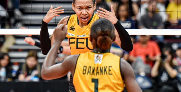 Tin Ubaldo and Faida Bakanke of Far Eastern University Lady Tamaraw Women's Volleyball Team